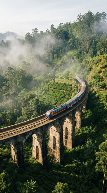 Nine Arch Bridge train passing through Ella tea country